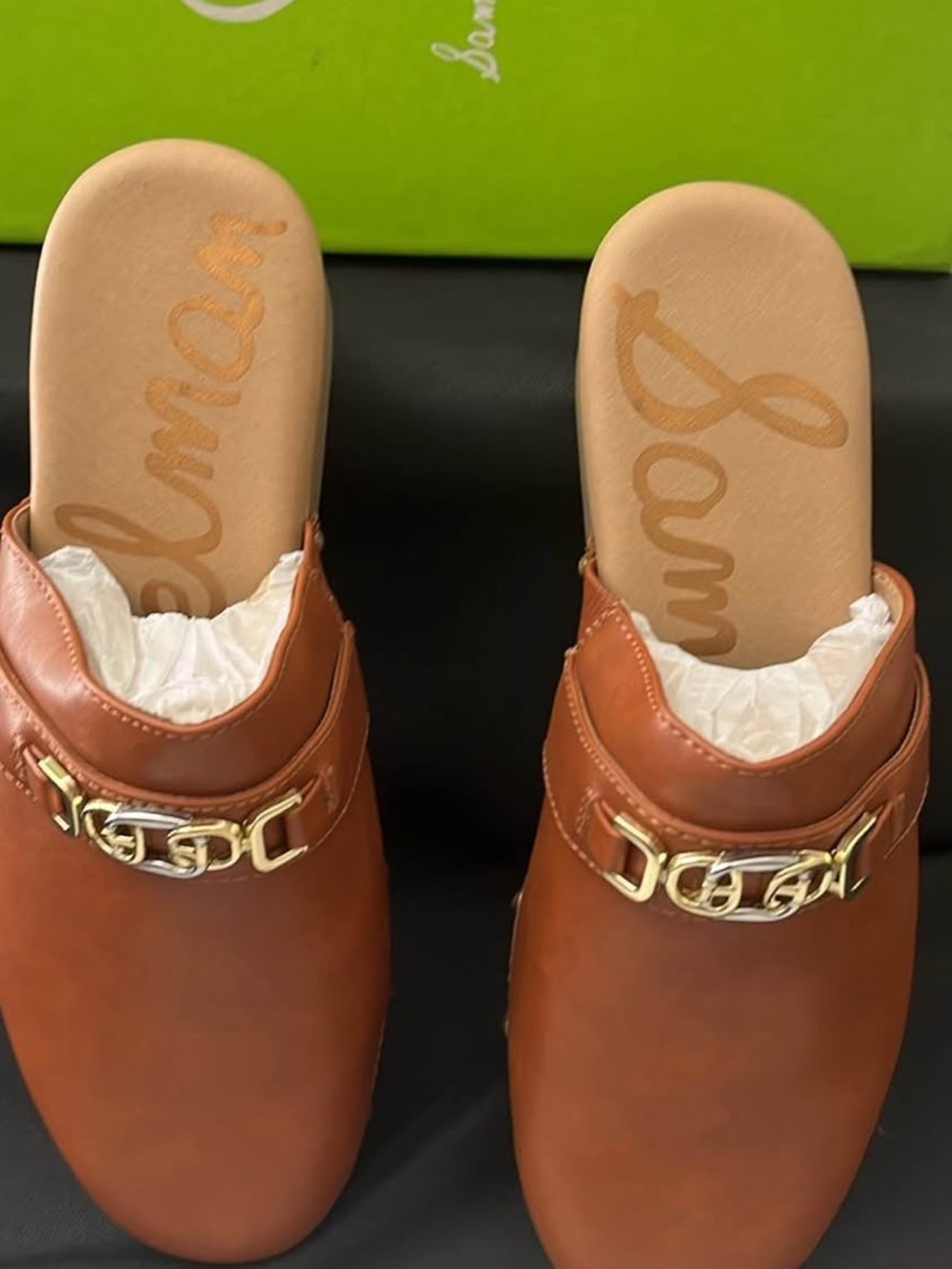 Sam Edelman Kaye Chestnut Leather Slip-On Mules with Gold Chain Trim